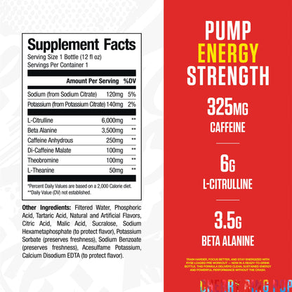RYSE Loaded Pre Workout Drink - Ring Pop Cherry - Sugar-Free, Ready to Drink Energy Supplement with 325mg Caffeine, Citrulline & Beta Alanine for Focus & Pump - 12 fl oz Bottles (Pack of 12)