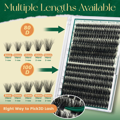 KEYYOU 3D Volume Lash Clusters Kit 80D100D with Tools DIY at Home KEYYOU
