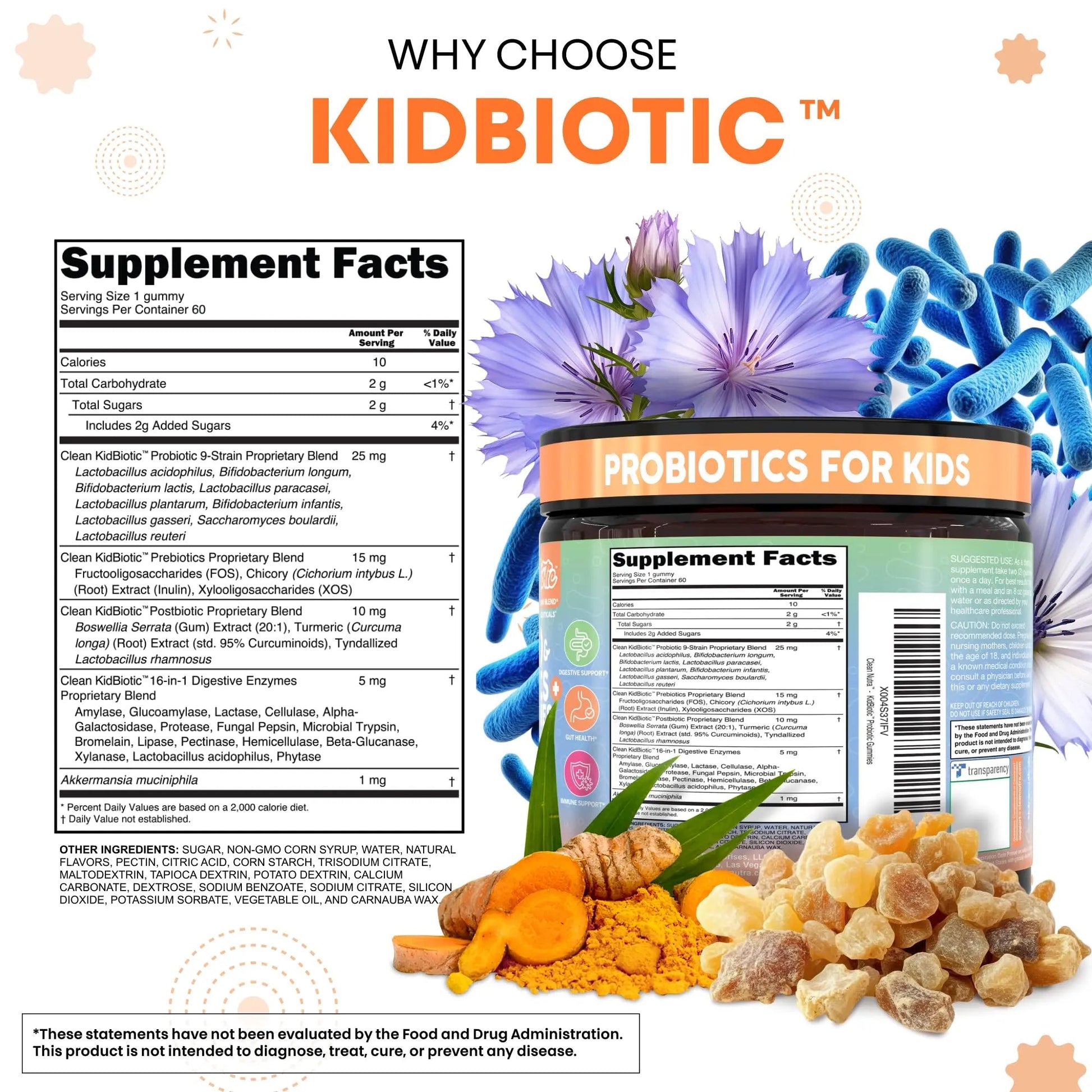 Clean Nutra Kids Probiotics Gummies with Prebiotics, Postbiotics, Digestive Enzymes, Akkermansia, Boswellia Serrata, Turmeric, Chicory – 60 Count – Plant-Based Supplement for Kids – PeachPop Flavor Clean Nutraceuticals buy australia supplements