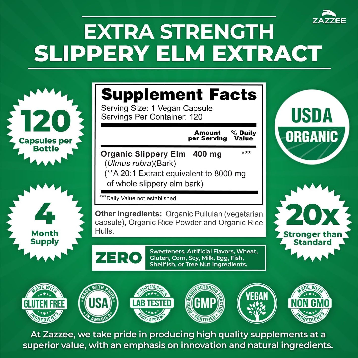 Zazzee USDA Organic Slippery Elm Bark 20:1 Extract, 120 Vegan Capsules | 4 Month Supply, Digestive, Throat & Mucosal Support, Ulmus Rubra, Herbal Supplement, All-Natural, Non-GMO, Made in the USA Gsupps Australia