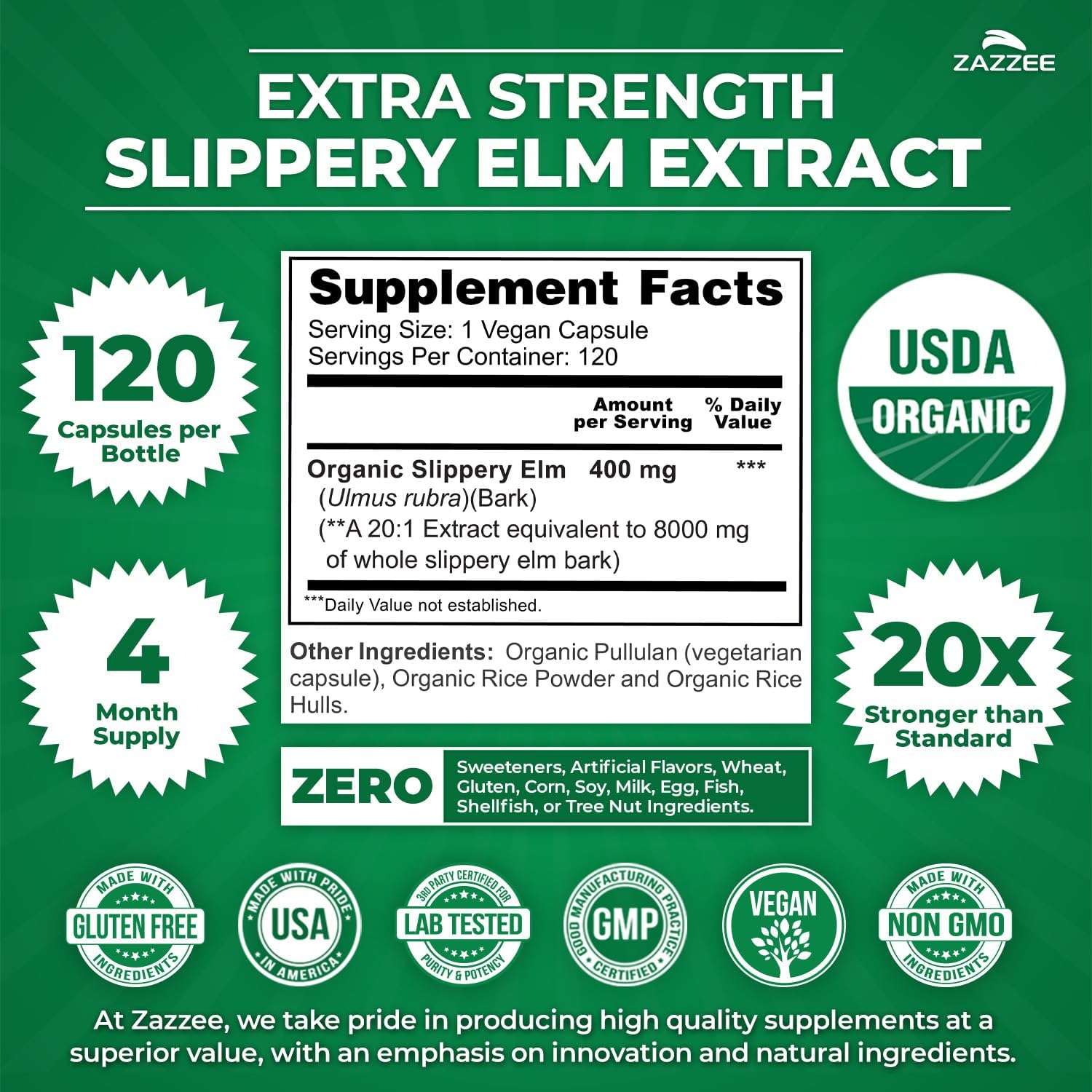 Zazzee USDA Organic Slippery Elm Bark 20:1 Extract, 120 Vegan Capsules | 4 Month Supply, Digestive, Throat & Mucosal Support, Ulmus Rubra, Herbal Supplement, All-Natural, Non-GMO, Made in the USA Gsupps Australia