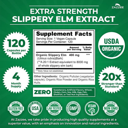 Zazzee USDA Organic Slippery Elm Bark 20:1 Extract, 120 Vegan Capsules | 4 Month Supply, Digestive, Throat & Mucosal Support, Ulmus Rubra, Herbal Supplement, All-Natural, Non-GMO, Made in the USA Gsupps Australia