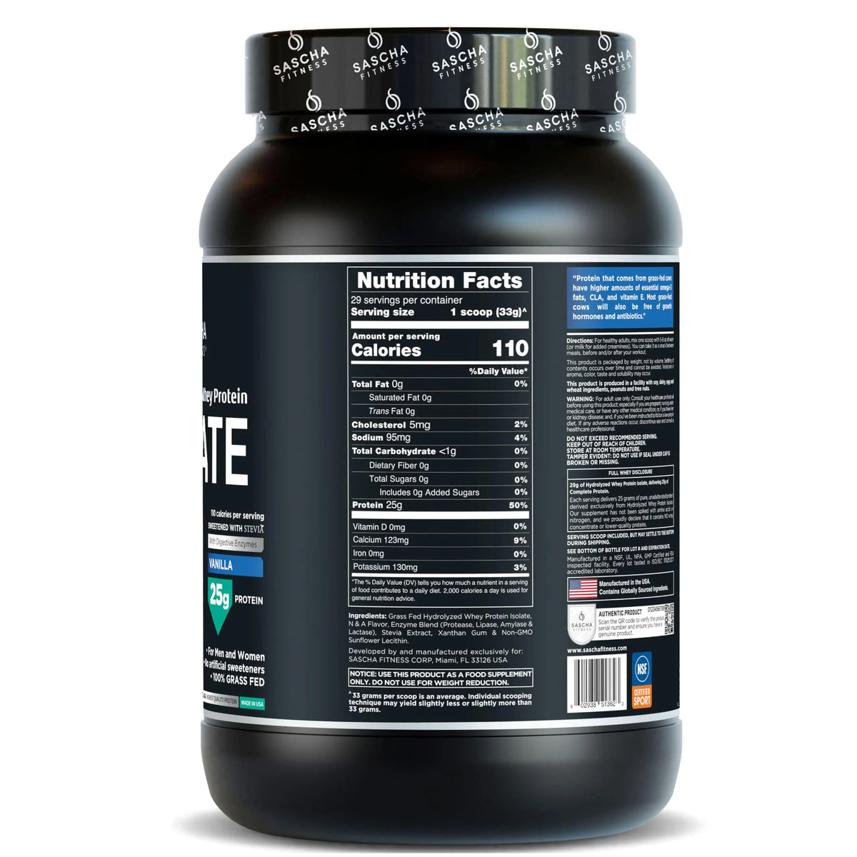 SASCHA FITNESS Hydrolyzed Whey Protein Isolate,100% Grass-Fed (2 Pounds, Vanilla) SASCHA FITNESS