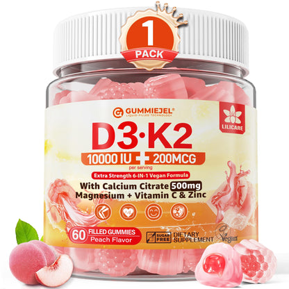 Vitamin D3 K2 Gummies 5000IU / 10,000 IU with 500mg Calcium + K2(MK-7) 200mcg, Magnesium, Vitamin C & Zinc, Extra Strength - Ultimate Absorbency for Bones LILICARE