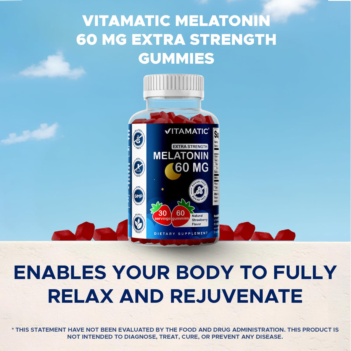 Vitamatic Sugar Free Melatonin 60 mg - 60 Vegetarian Gummies - Non-Habit Forming Supplement Vitamatic