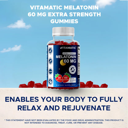 Vitamatic Sugar Free Melatonin 60 mg - 60 Vegetarian Gummies - Non-Habit Forming Supplement Vitamatic