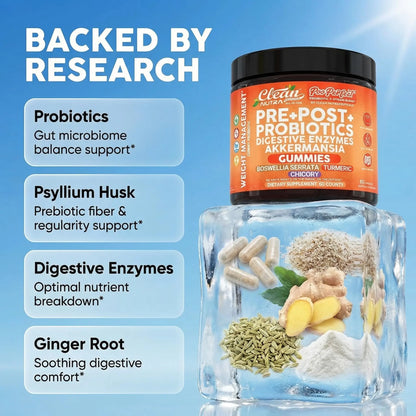 Clean Nutra Prebiotic Postbiotic Digestive Enzymes Gummies with Chicory Root, Boswellia Serrata, Turmeric, and Akkermansia | Pre+Post Probiotics Supplement Clean Nutraceuticals
