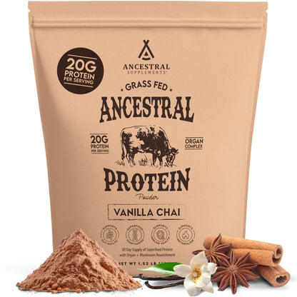 Ancestral Supplements Grass Fed Protein Powder, Chocolate, Beef Bone Broth Based w/Beef Organs & Organic Mushrooms, Gut Health Support, High Protein Supplement, 20g Protein Per Serving, 30 Day Supply