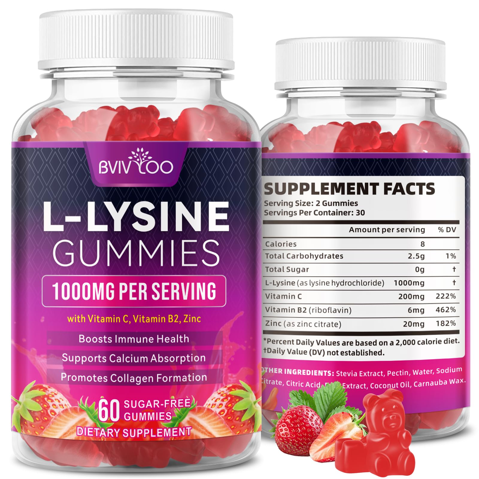 BVIVLOO L-Lysine 1000mg Gummies for Immune Support & Skin Health - High Potency Vegan Gummies, Sugar-Free, Natural Berry Flavor, Gluten-Free Chewable Supplement BVIVLOO buy australia supplements
