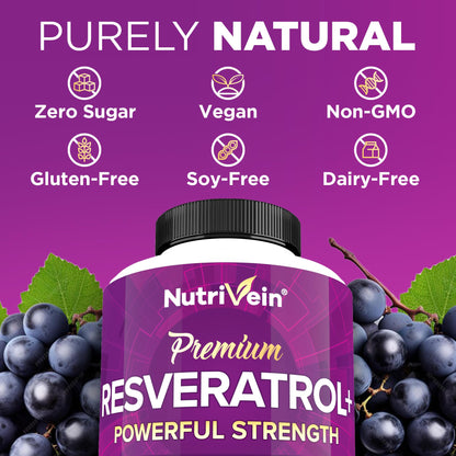 Nutrivein Premium Resveratrol 1450mg - 120 Caps: Pure Trans Resveratrol Supplement Enhanced with Green Tea Leaf & Acai Berry Nutrivein
