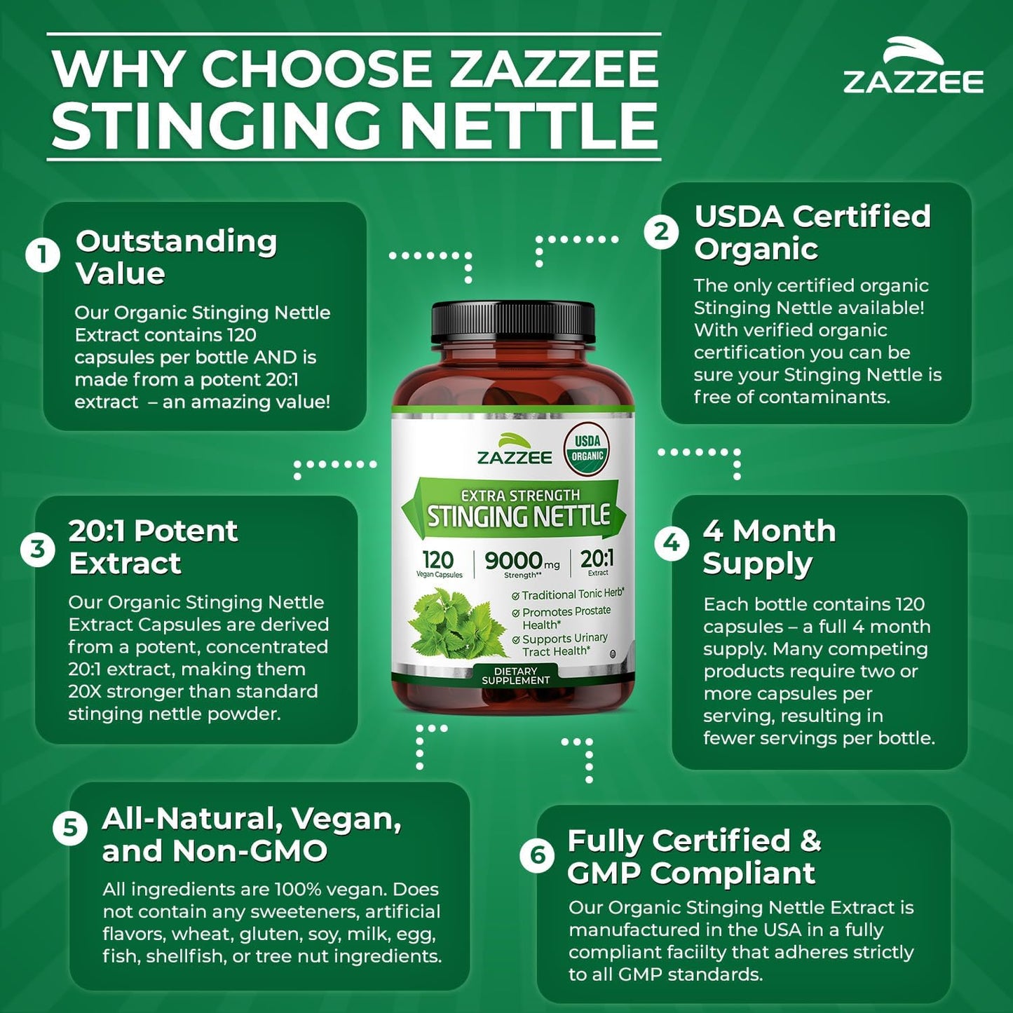 Zazzee USDA Organic Stinging Nettle Leaf 20:1 Extract, 120 Vegan Capsules | 4 Month Supply, Respiratory, Immune & Seasonal Wellness Support, Urtica Dioica, Organic Herbal Supplement, Made in the USA Gsupps Australia