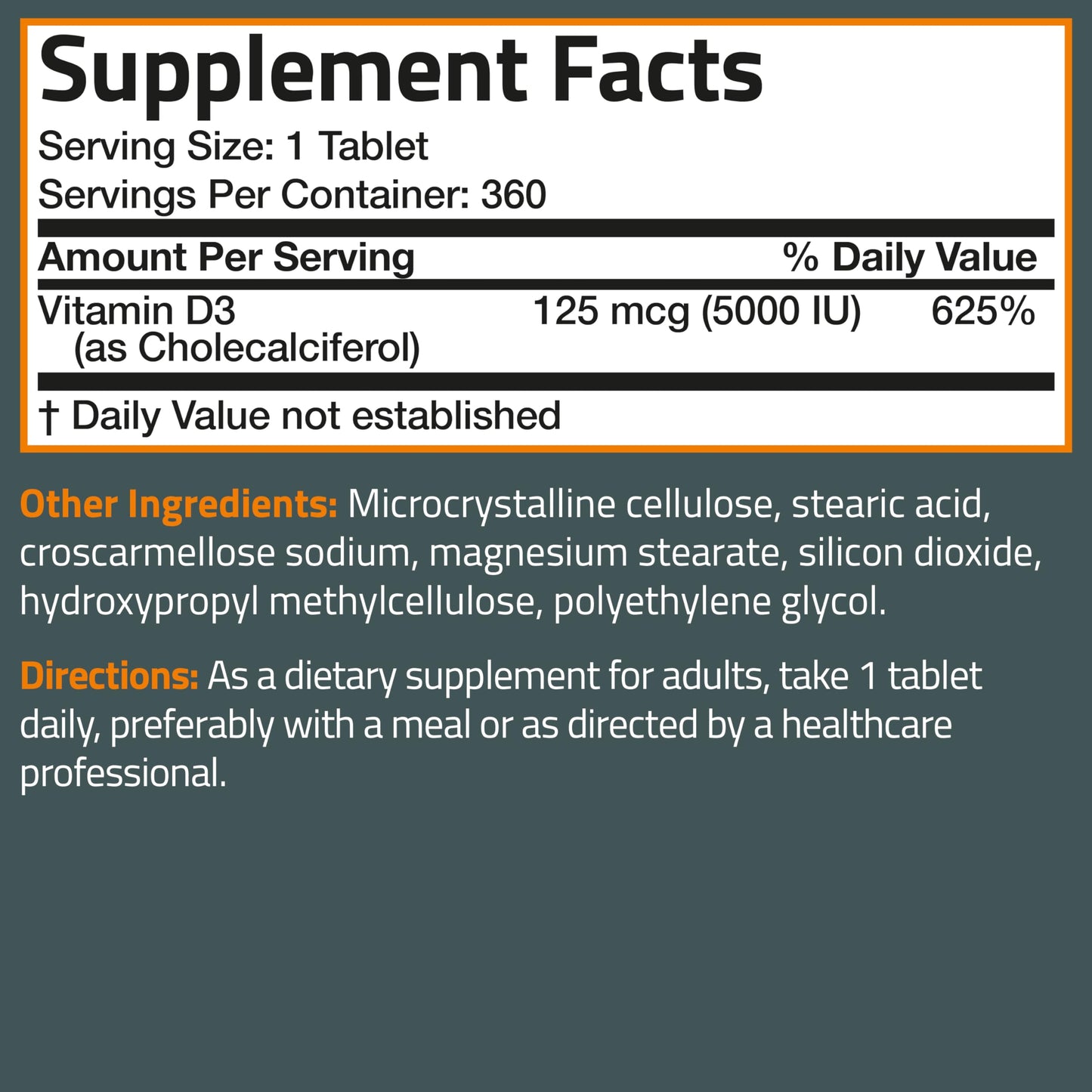 Bronson Vitamin D3 5000iu (125mcg) Healthy Muscle Function and Immune Support, Non-GMO, 360 Tablets Bronson