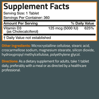 Bronson Vitamin D3 5000iu (125mcg) Healthy Muscle Function and Immune Support, Non-GMO, 360 Tablets Bronson