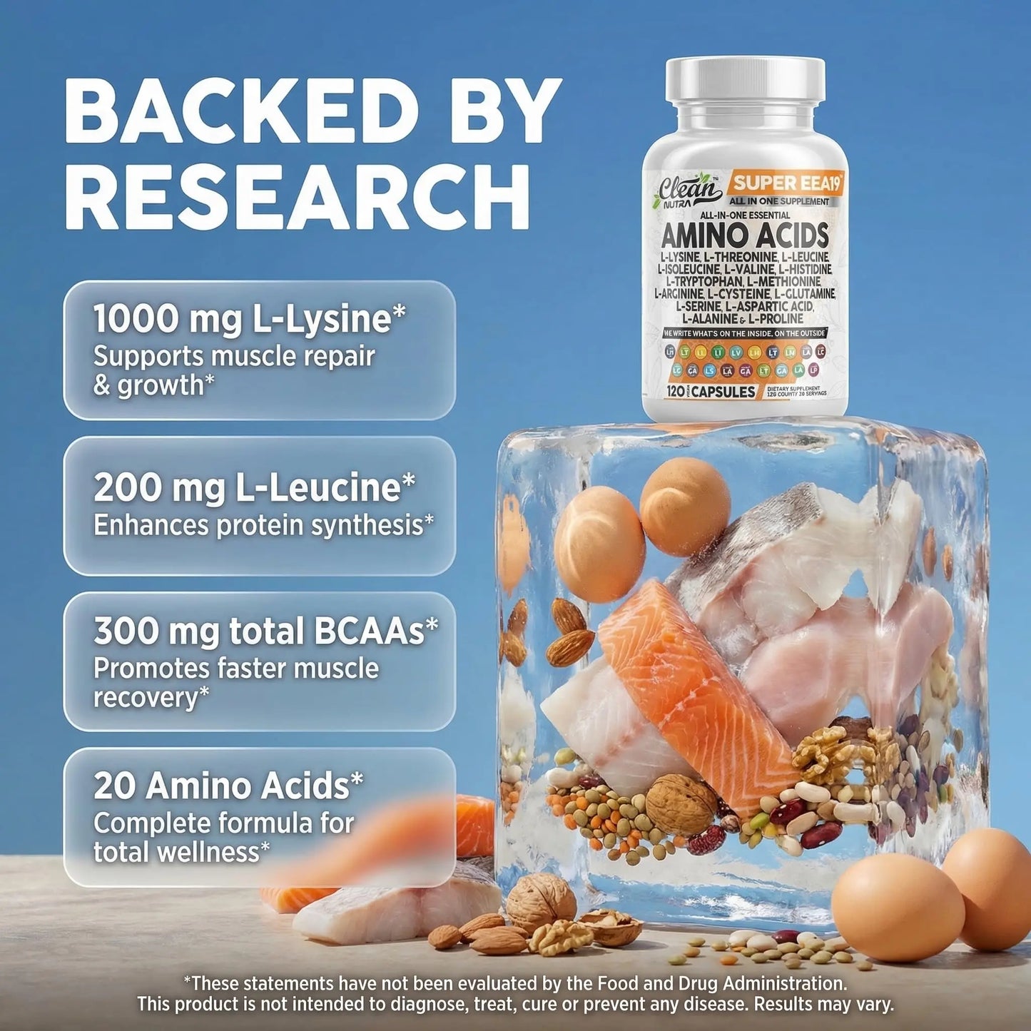 Clean Nutraceuticals Amino Acids Supplement L-Lysine, L-Threonine, L-Leucine, Isoleucine, Valine, L-Histidine, L-Tryptophan, L-Methionine, L-Arginine, L-Cysteine, Clean Nutraceuticals