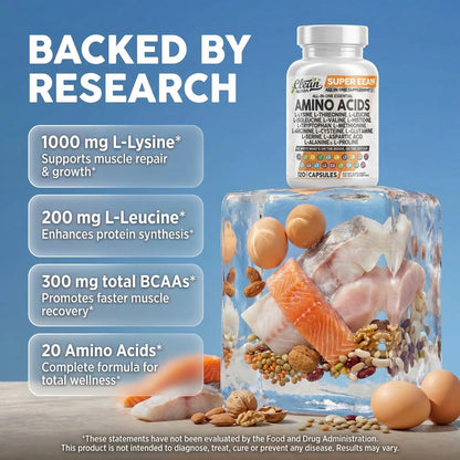 Clean Nutraceuticals Amino Acids Supplement L-Lysine, L-Threonine, L-Leucine, Isoleucine, Valine, L-Histidine, L-Tryptophan, L-Methionine, L-Arginine, L-Cysteine, Clean Nutraceuticals