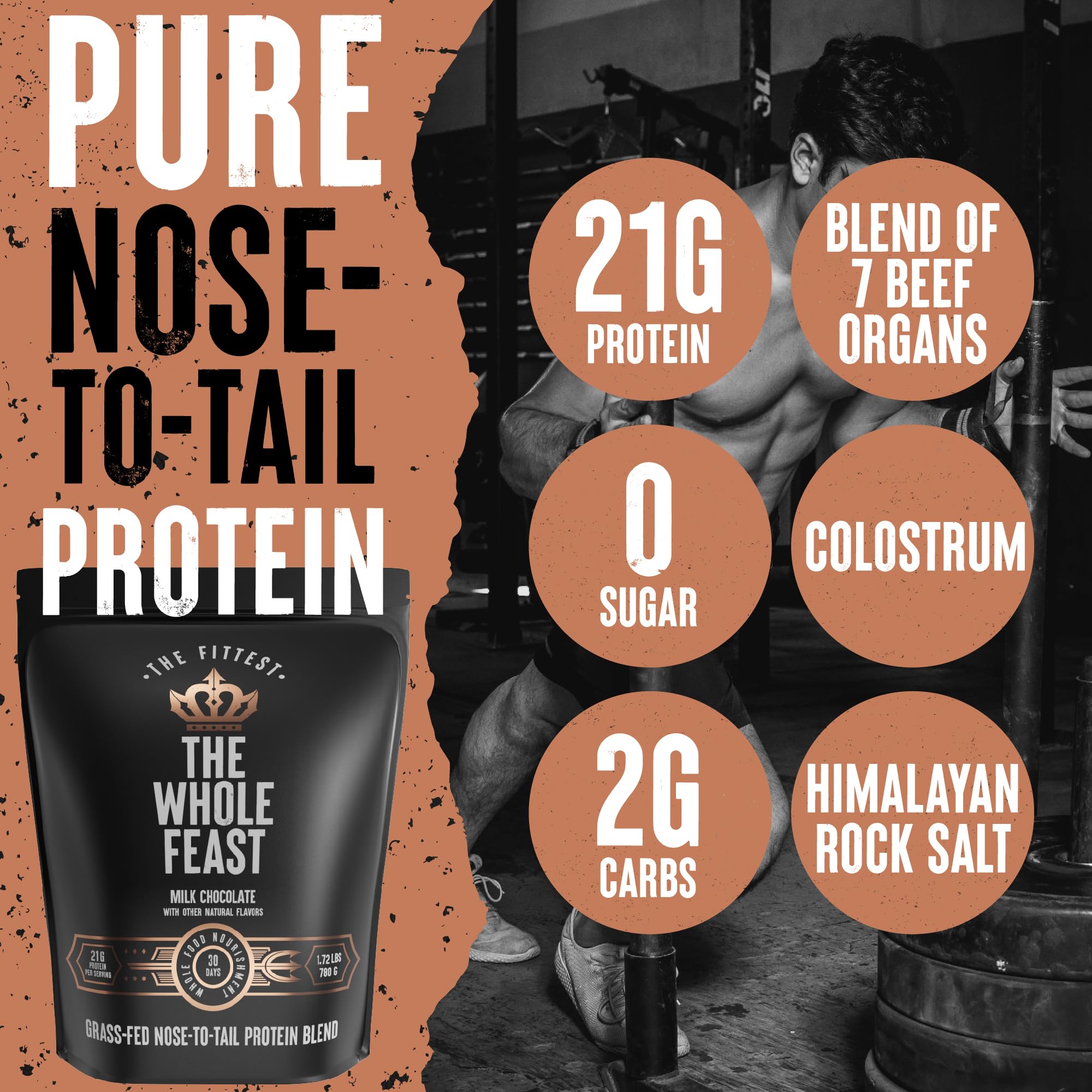 The Fittest Whole Feast Beef Protein Powder - Milk Chocolate - Grass Fed Nose to Tail Carnivore Blend Including Liver, Colostrum and Whole Bone - BCAAs - 14g Collagen, 21g Total Protein The Fittest Ever buy australia supplements