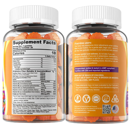Fiber Gummies for Adults with Psyllium Husk, 7G(Soluble + Insoluble) Daily Prebiotic Fiber with Inulin, FOS, Guar Gum, Multivitamins for Daily Digestive Health, NEVISS