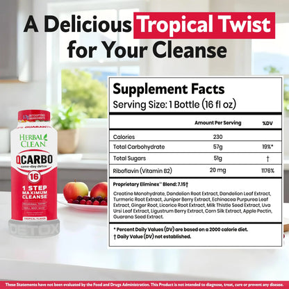 Herbal Clean Qcarbo16 Same-Day Detox Cleanse Drink (16 fl oz) - Tropical Flavor Full Body Cleanse* Detox Drink for Moderate Toxin Level* Herbal Clean
