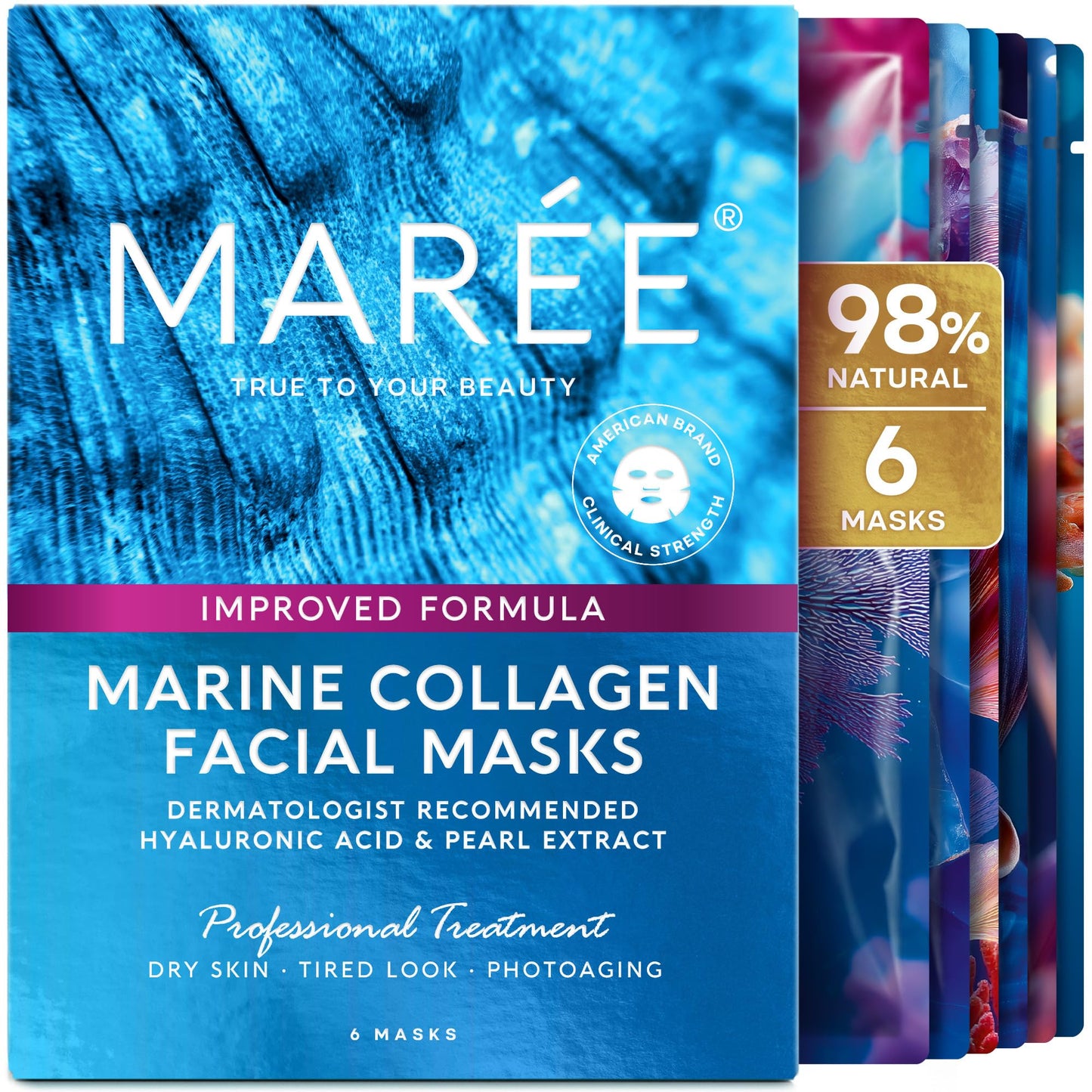 MAREE Collagen Facial Mask with Hyaluronic Acid — Sheet Face Mask Skincare — Centella Asiatica, Green & Red Algae Extract MAREE