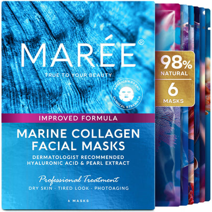 MAREE Collagen Facial Mask with Hyaluronic Acid — Sheet Face Mask Skincare — Centella Asiatica, Green & Red Algae Extract MAREE