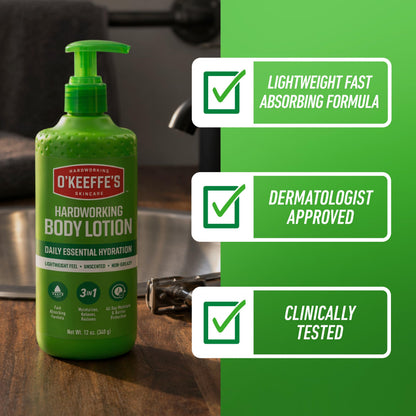 OKeeffes Hardworking Body Lotion, 12 oz Pump, Fragrance-Free Formula O'Keeffe's