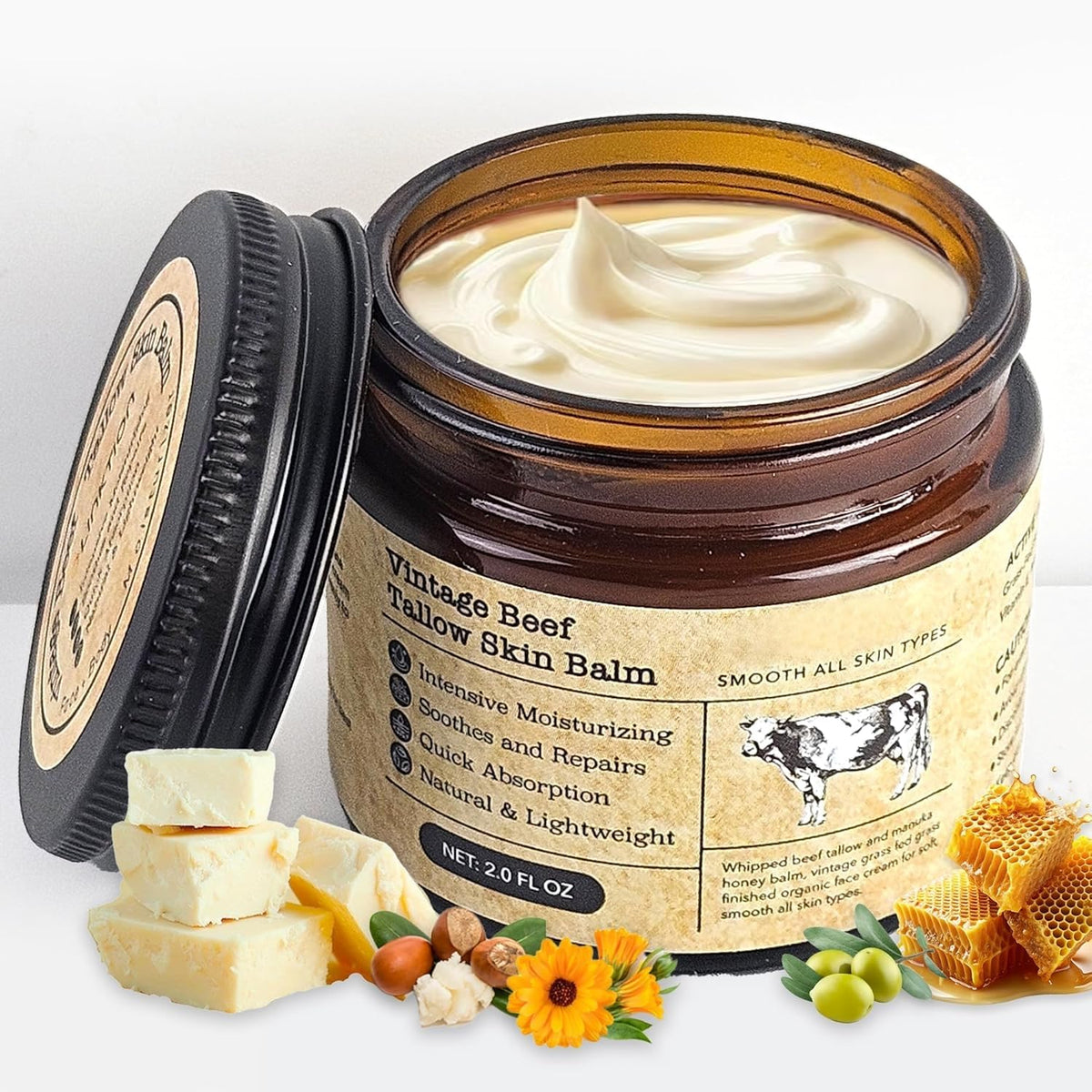 MTGBO Beef Tallow Honey Balm for Sensitive Skin: Organic Grass-Fed Whipped Tallow Moisturizer with Manuka Honey, Olive Oil, Jojoba Oil & Vitamin E, Non-Greasy Face and Body Cream, 2 oz MTGBO