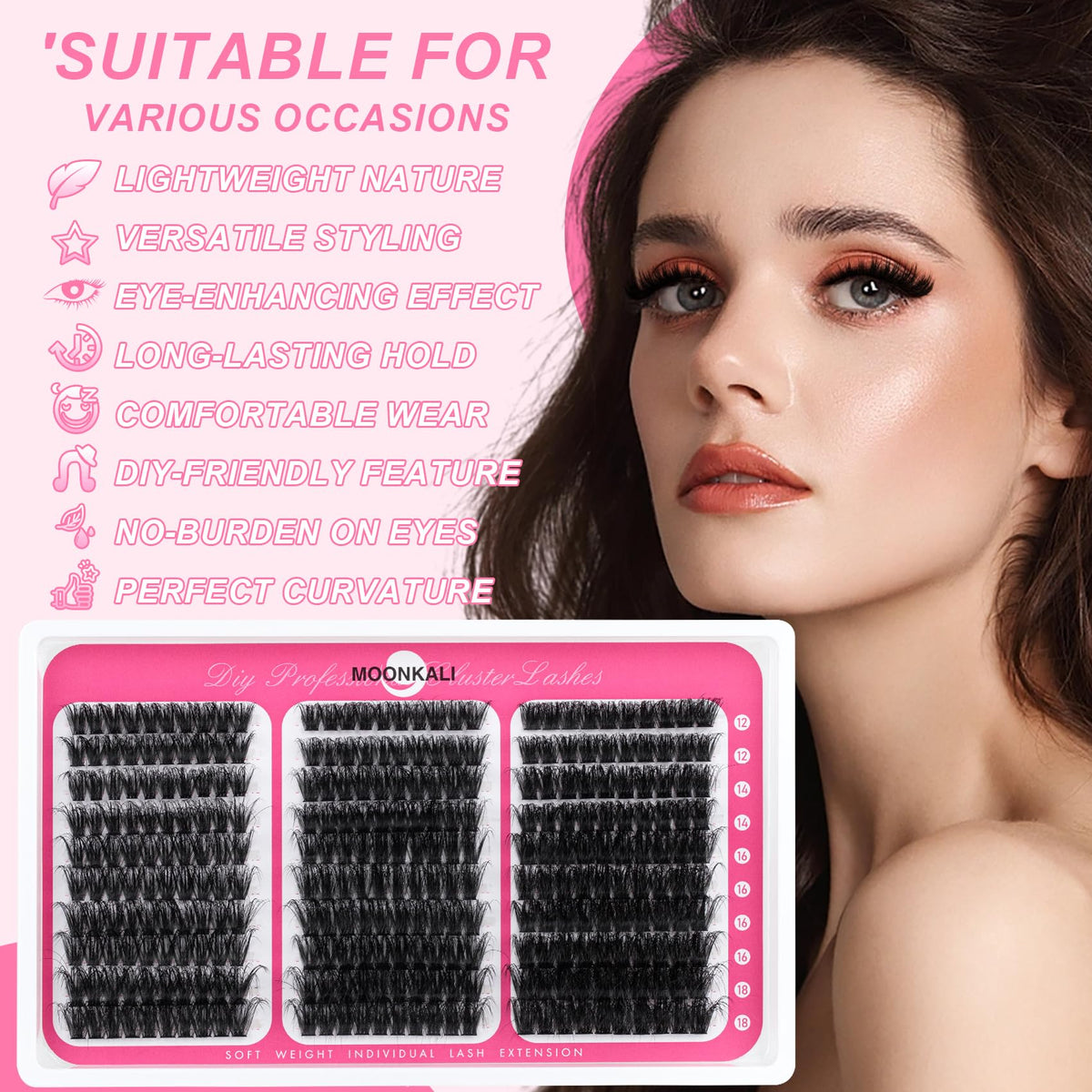 Lash Clusters 60D 80D 100D Mix Individual Lashes Clusters Luxury Versatile 3D Full Eyelash Clusters 12-18MM Thick Volume Cluster Eyelash Extensions Waterproof D Curly DIY Fake Mink Eyelashes Extension MOONKALI