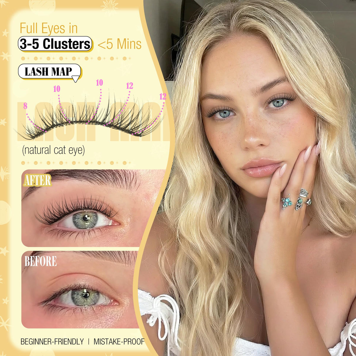 Short Lash Clusters Natural Cluster Eyelash Extensions 8-10-12MM Clear Band Cluster Lashes Extensions Wispy Individual Lashes CC-Curly Eyelash Clusters Pestañas Postizas Naturales 144Pcs DIY Lashes Mavphnee