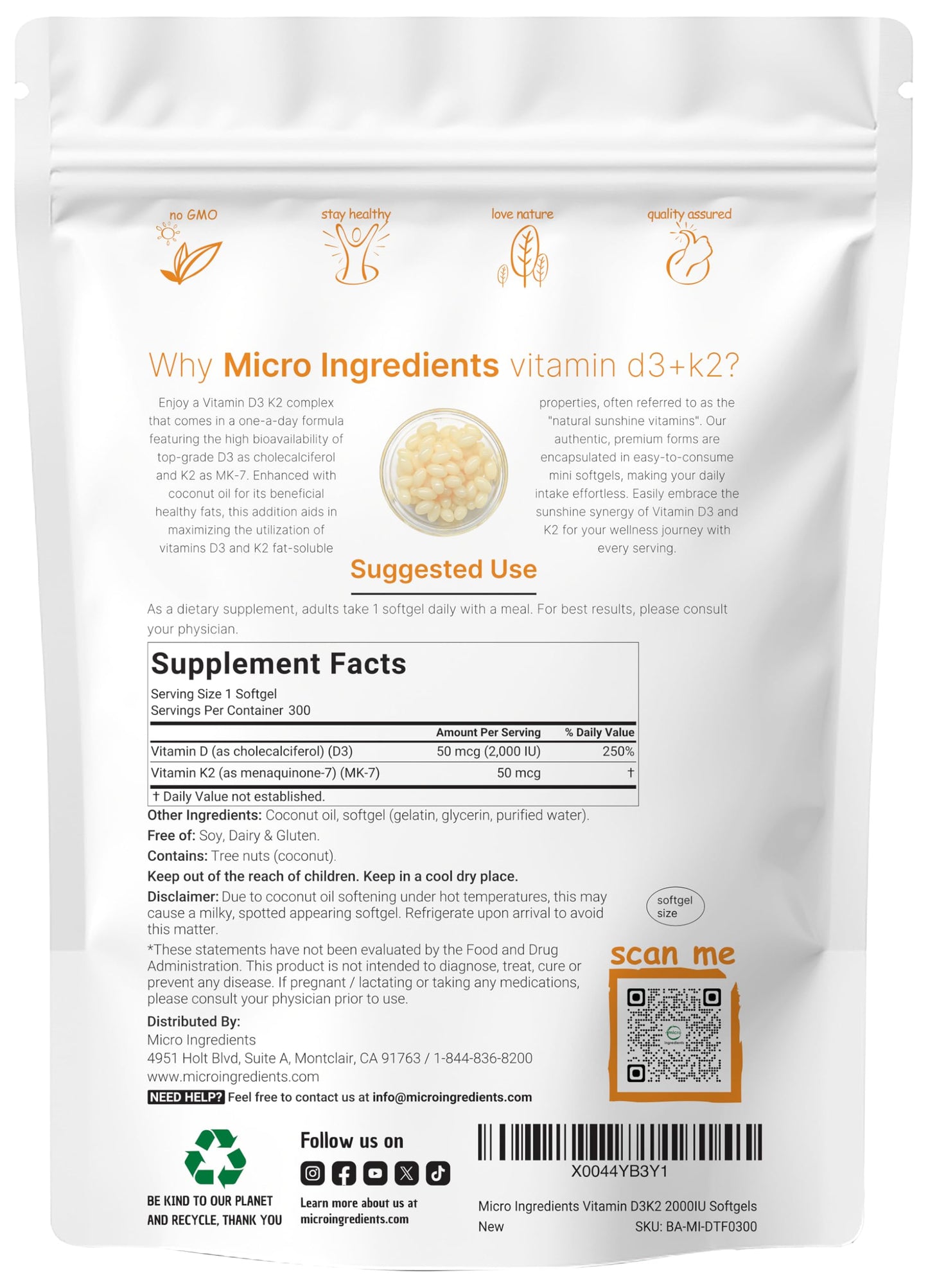 Micro Ingredients Vitamin D3 2,000 IU + K2 MK-7 50 mcg, 300 Softgels | Virgin Coconut Oil | 2-in-1 Support | Easy to Swallow, Non-GMO Micro Ingredients