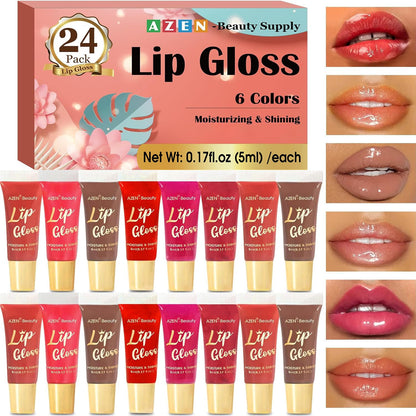 AZEN 24 Pack Lip Gloss Set, Color Lip Oil for Dry Cracked Lips Moisturizing Hydrating Nourishing with Vitamin E AZEN