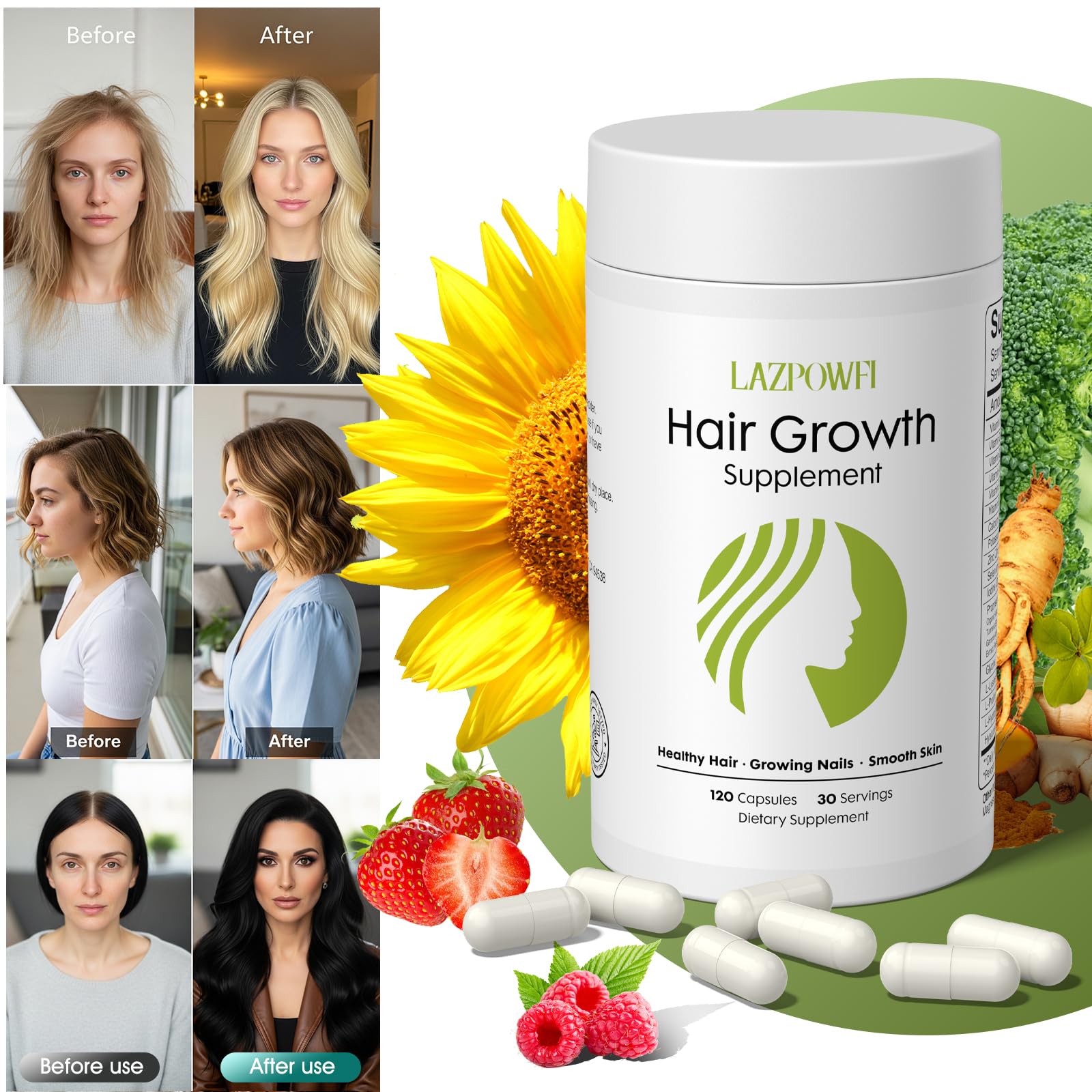 Lazpowfi Hair Growth Supplement, Biotin 10000mcg, 32-in-1 with Vitamin A, B3, C, Magnesium, Calcium, Hair Growth Products, Supports Hair & Nails Natural Growth Vitamins, for Women & Men - 30 Servings Lazpowfi buy australia supplements