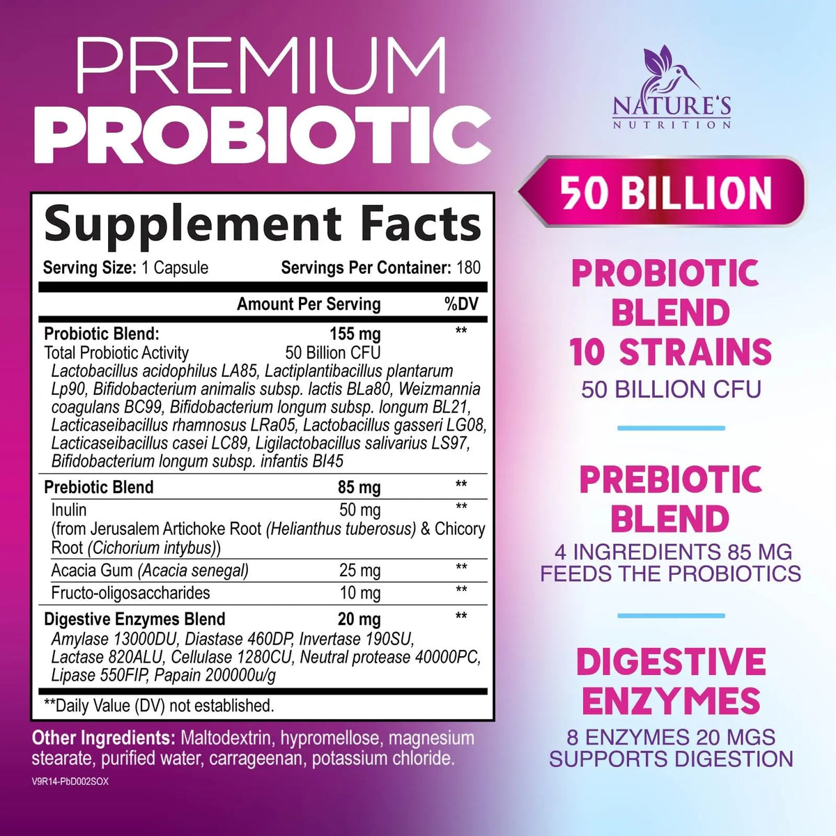 Probiotics for Digestive Gut Health - 50 Billion CFU Per Capsule, 10 Premium Strains & Prebiotics - Best Probiotics for Women & Men, Occasional Constipation, Gas, Immune Health Support - 180 Capsules Nature's Nutrition