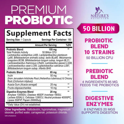 Probiotics for Digestive Gut Health - 50 Billion CFU Per Capsule, 10 Premium Strains & Prebiotics - Best Probiotics for Women & Men, Occasional Constipation, Gas, Immune Health Support - 180 Capsules Nature's Nutrition