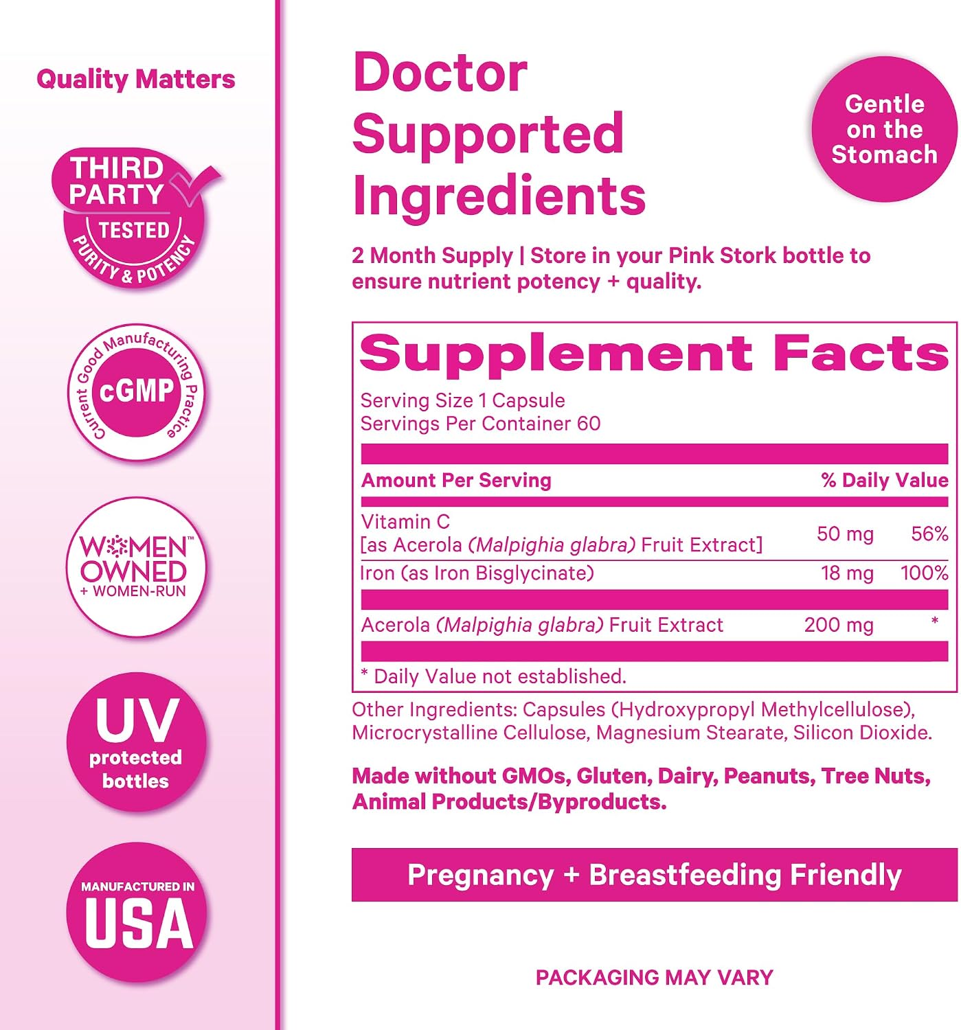 Pink Stork Iron for Women with Vitamin C, 60 Capsules, 2-Month Supply | 18 mg Chelated Iron Bisglycinate + Vitamin C, Supports Energy, Focus + Oxygen, Pregnancy, Postpartum, PMS + Perimenopause