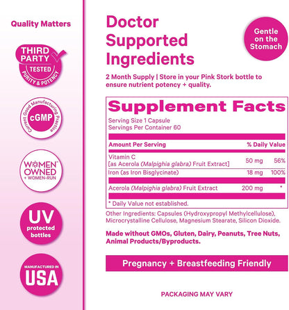 Pink Stork Iron for Women with Vitamin C, 60 Capsules, 2-Month Supply | 18 mg Chelated Iron Bisglycinate + Vitamin C, Supports Energy, Focus + Oxygen, Pregnancy, Postpartum, PMS + Perimenopause
