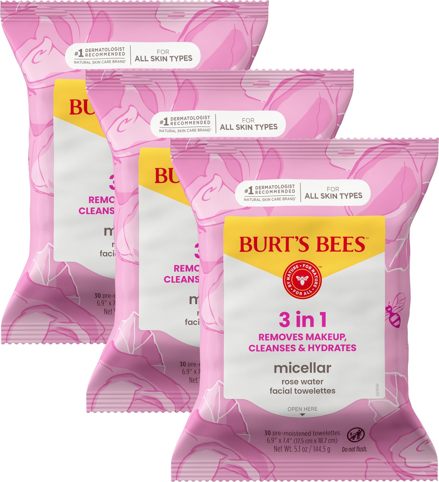 Burt’s Bees Micellar Rose Water Facial Towelettes, 100% Plant Based Cloth; 99% Natural Origin; Remove Makeup, Cleanse, Hydrate; No Oily Residue; All Skin Types; 30 Ct, Pack of 3 (Pack May Vary) Burt's Bees