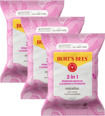 Burt’s Bees Micellar Rose Water Facial Towelettes, 100% Plant Based Cloth; 99% Natural Origin; Remove Makeup, Cleanse, Hydrate; No Oily Residue; All Skin Types; 30 Ct, Pack of 3 (Pack May Vary) Burt's Bees