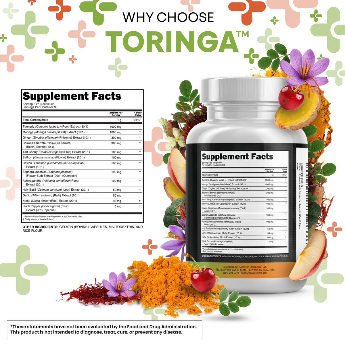 Clean Nutraceuticals Turmeric Moringa Supplement | Ginger Boswellia Saffron - Supplement for Women and Men with Ceylon Cinnamon Clean Nutraceuticals