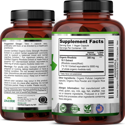 Zazzee USDA Organic Rhodiola 10:1 Extract, 120 Capsules, 4 Month Supply, Rhodiola Rosea, Energy, Stress & Mental Focus Support, Concentrated 10X Extract Zazzee