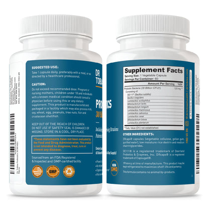 Dr. Tobias Probiotics 30 Billion, 10 Strains, 30 Billion CFU's, Targeted Release Probiotics for Women & Men, Supports Digestive Health, Shelf-Stable, Non-GMO, 30 Capsules, 30 Servings