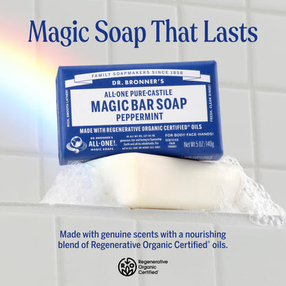 Dr. Bronner's Pure-Castile Magic Bar Soaps (Peppermint, 5oz, 2-Pack) – Made with Regenerative Organic Certified Oils, Soap Bars for Men & Women, Gentle for Face & Body, Vegan, Non-GMO Dr. Bronner's