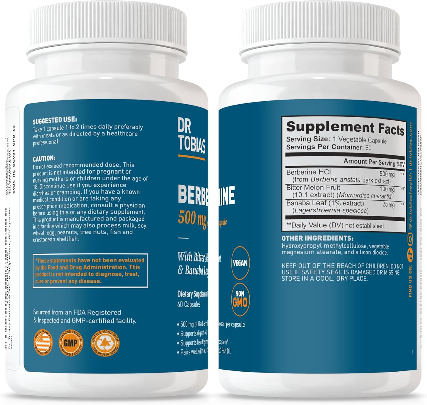 Dr. Tobias Berberine 500mg - Berberine Supplement for Women & Men | Gut Health Immune Support Heart Health Supplement with Bitter Melon Banaba Leaf – Vegan & Non-GMO (60 Capsules)