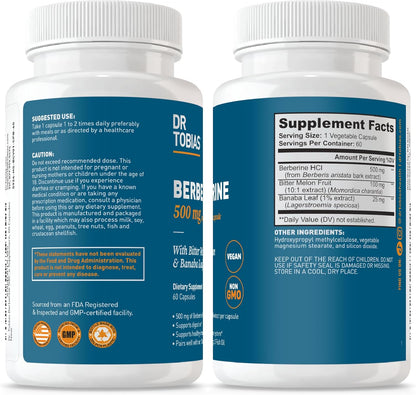 Dr. Tobias Berberine 500mg - Berberine Supplement for Women & Men | Gut Health Immune Support Heart Health Supplement with Bitter Melon Banaba Leaf – Vegan & Non-GMO (60 Capsules)