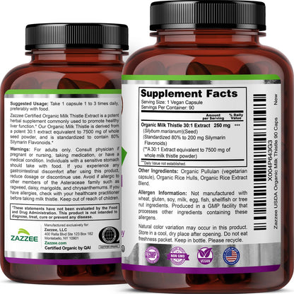 Zazzee USDA Organic Milk Thistle 30:1 Extract, 80% Silymarin, 120 Capsules | Vegan, 4 Month Supply, Certified Kosher, High Potency Liver & Antioxidant Support, Silybum Marianum, Non-GMO, Made in the USA Gsupps Australia