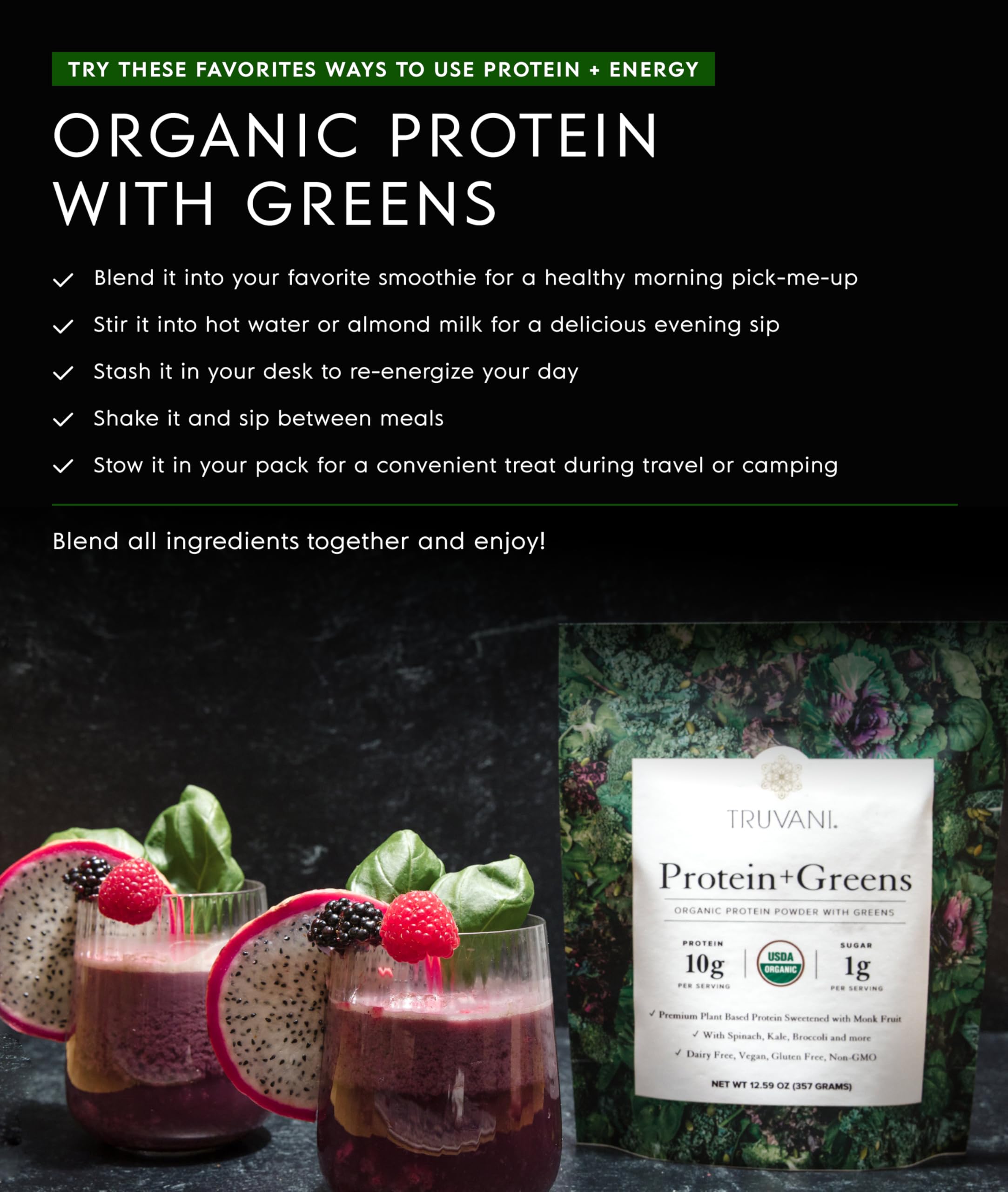 Truvani Protein + Greens Supplement | Spinach, Kale & Broccoli | 10g Organic Plant Based Protein | 20 Servings | USDA Organic | Gluten & Dairy Free Truvani buy australia supplements