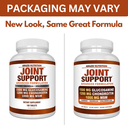 Arazo Nutrition Glucosamine Chondroitin Turmeric Msm Boswellia - Joint Support Supplement for Relief for Bones, Back, Knees, Hands (180 Tablets) Gsupps Australia