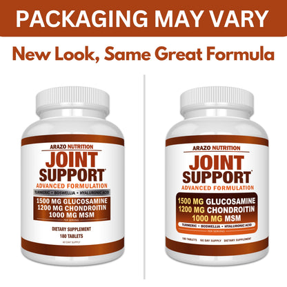 Arazo Nutrition Glucosamine Chondroitin Turmeric Msm Boswellia - Joint Support Supplement for Relief 180 Tablets for Bones, Back, dailyvitalstore