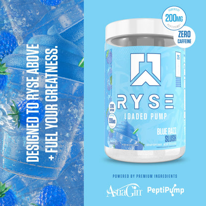 Ryse Loaded Pump Pre Workout Powder - Blue Razz Slush - No Caffeine Stimulant Free Formula for Pump, Power & Endurance - L-Citrulline, PeptiPump, Betaine Anhydrous, Taurine & AstraGin - 25 Servings