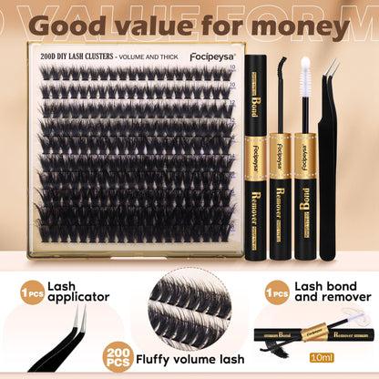 Focipeysa Lash Extension Kit Thick Eyelash Extension Kit 10-18mm Fluff Volume Lash Clusters 200D Individual Eyelashes Kit with Lashes Bond, Lashes Remover, Lash Tweezers, DIY Lash Extension Focipeysa