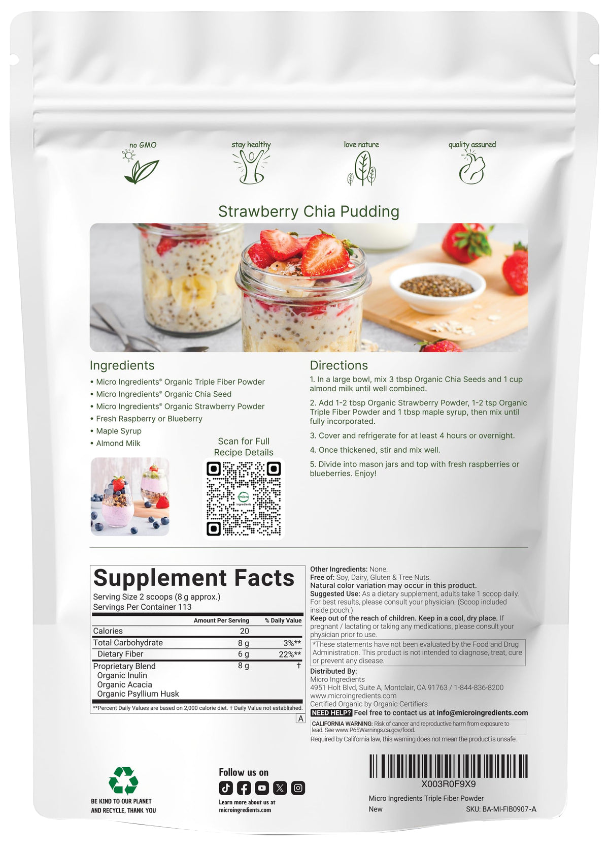 Micro Ingredients Organic Triple Fiber Powder, 2lb | Natural Prebiotic to Support Digestive & Gut Health Micro Ingredients
